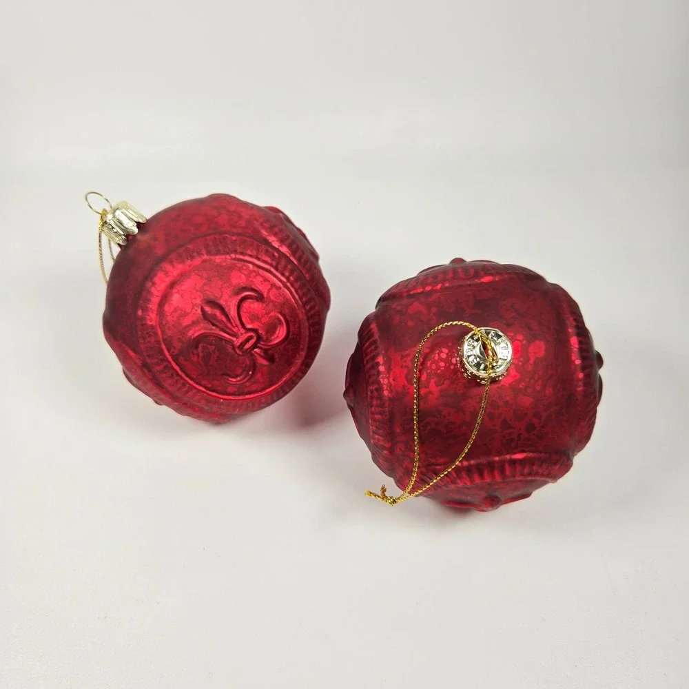 2 Vintage Saetas Best Fleur-de-lis Red Glass Ball 3